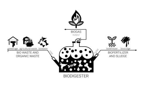 A black-and-white diagram showing how the anaerobic digestion process works. The diagram shows a biodigester. To the left of this image are the words "bio waste and organic waste" with an arrow pointing down that indicates that this waste goes into the biodigester. To the right are the words "biofertilizer and sludge" with an arrow pointing away from the biodigester, showing that biofertilizer and sludge come out. On top of the biodigester is the word "biogas," and indicates that biogas is the output of the anaerobic digestion process