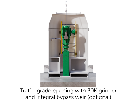 A diagram of JWCE's Muffin Monster Manhole with the optional integral bypass weir