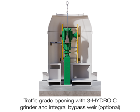 A diagram of JWCE's Muffin Monster Manhole with the optional integral bypass weir