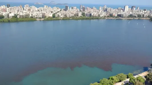 A lagoon in Rio de Janeiro, Brazil, experiencing what is called a "red tide," which are red algae booms.